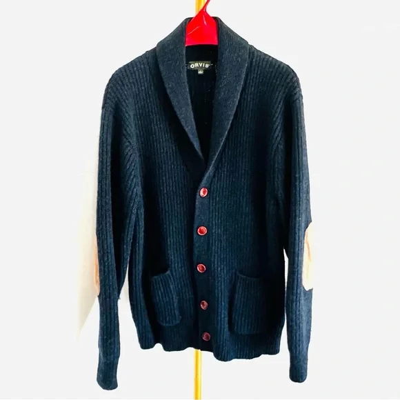 Men’s Grandpacore Navy Blue Ribbed Wool Shawl Collar Cardigan Elbow Patch Sz XL - Picture 12 of 12